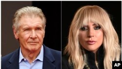 FILE - This combination photo shows Harrison Ford at an event in Los Angeles on May 17, 2017, left, and Lady Gaga at a press conference in Toronto on Sept. 8, 2017.