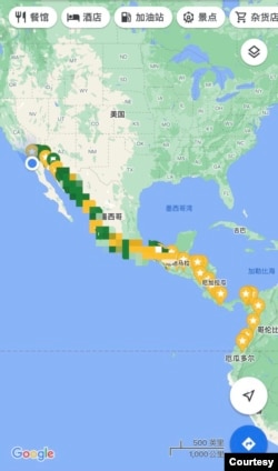 从厄瓜多尔北上到美墨边境的步行路径图