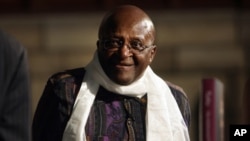 Archbishop Emeritus Desmond Tutu looks on during his autobiographical book launch in Cape Town, October 6, 2011.