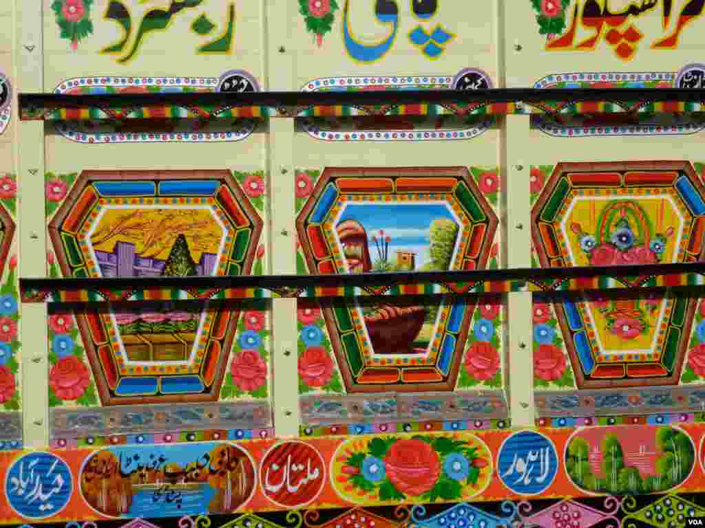 A close-up showing the detail of a heavily-decorated bus in Islamabad, Pakistan, July 10, 2012. (S. Gul/VOA)