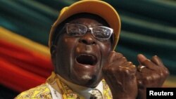 Zimbabwe's President Robert Mugabe gestures during his address at the annual conference of his ZANU-PF party in Gweru about 285 km (177 miles) west of the capital Harare, December 7, 2012.