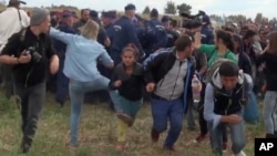 Hình ảnh chụp từ TV cho thấy nữ quay phim Petra Laszlo giơ chân ngáng người tị nạn vừa vượt qua biên giới từ Serbia, ngày 8/9/2015.