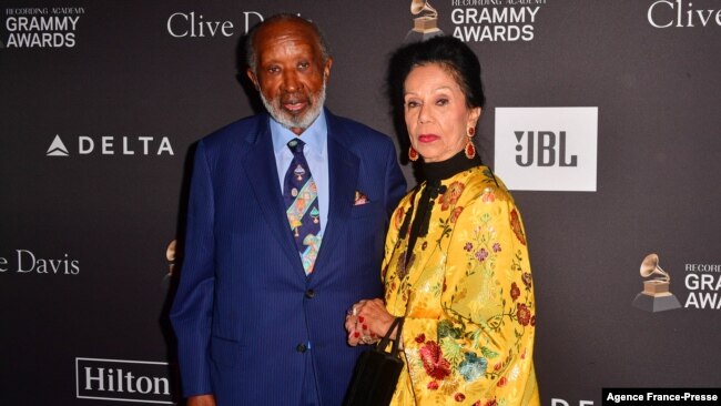 FILE - Clarence and Jacqueline Avant are pictured on the eve of the 61st Annual Grammy Awards at the Beverly Hilton hotel in Beverly Hills, Calif., Feb. 9, 2019. Jacqueline Avant was fatally shot this week at the couple's Beverly Hills home.