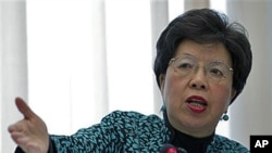 Margaret Chan, Director General of the World Health Organization, delivers her statement during the launch of the global plan to prevent resistance to potent malaria treatment at the WHO headquarters, Geneva, Switzerland, 12 Jan 2011.