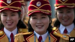 Members of the North Korea cheering group gather before a welcome ceremony inside the Gangneung Olympic Village prior to the 2018 Winter Olympics in Gangneung, South Korea, Feb. 8, 2018. 