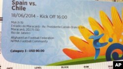 This June 4, 2014 photo shows a $90 U.S. dollar FIFA ticket for the Spain vs. Chile World Cup game, bought by a fan on Stubhub.com for $775 U.S. dollars, in San Juan, Puerto Rico. 