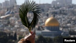 A Catholic faithful holds palm fronds during a Palm Sunday procession on the Mount of Olives in Jerusalem, March 25, 2018. 