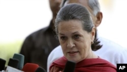 Sonia Gandhi, chief of India's ruling Congress party, addresses the media after attending a party meeting in New Delhi, March 7, 2012.