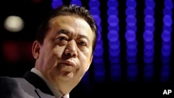 FILE - In this July 4, 2017, photo, Interpol President Meng Hongwei delivers his opening address at the Interpol world congress in Singapore. 
