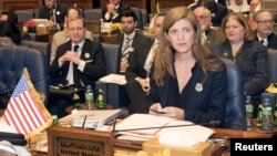 FILE - U.S. Ambassador to the United Nations Samatha Power attends the Third International Humanitarian Pledging Conference for Syria in Bayan Palace, Kuwait City, Kuwait, March 31, 2015. 