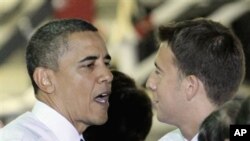FILE - In this Aug. 5, 2010 file photo, President Barack Obama shakes hands with Illinois Democratic Senate candidate, Illinois Treasurer Alexi Giannoulias at the Ford Motor Company Chicago Assembly Plant in Chicago. Giannoulias faces Republican challeng