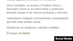 Comunicado de Adobe anuncia la reanudación de sus servicios en Venezuela.