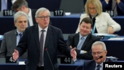 European Commission President Jean-Claude Juncker delivers a speech during a debate on the Future of Europe at the European Parliament in Strasbourg, France, Feb. 6, 2018. 