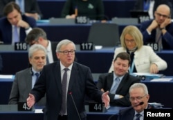 European Commission President Jean-Claude Juncker delivers a speech during a debate on the Future of Europe at the European Parliament in Strasbourg, France, Feb. 6, 2018.
