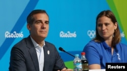 Los Angeles mayor Eric Garcetti and Angela Ruggiero during a LA2024 Los Angeles bid press conference during the Rio 2016 Summer Olympic Games at Olympic Gold Course, Aug 9, 2016, Rio de Janeiro, Brazil. 