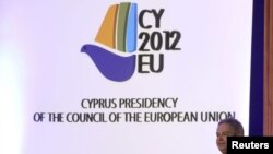 Deputy Minister to the President for European Affairs Ambassador Andreas Mavroyiannis speaks at a ceremony at which the Cyprus EU presidency logo was unveiled, in Nicosia May 9, 2012.