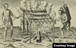 "The broiling of their fish over flame," an engraving by Theodor De Bry, 1590. Courtesy of the John Carter Brown Library at Brown University.