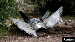 Fragments of a Syrian anti-aircraft missile found in Alonei Abba, about 2 miles (3.2 km) from where the remains of a crashed F-16 Israeli war plane were found, at the village of Alonei Abba, Israel, Feb. 10, 2018.