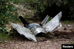 Fragments of a Syrian anti-aircraft missile found in Alonei Abba, about 2 miles (3.2 km) from where the remains of a crashed F-16 Israeli war plane were found, at the village of Alonei Abba, Israel, Feb. 10, 2018.