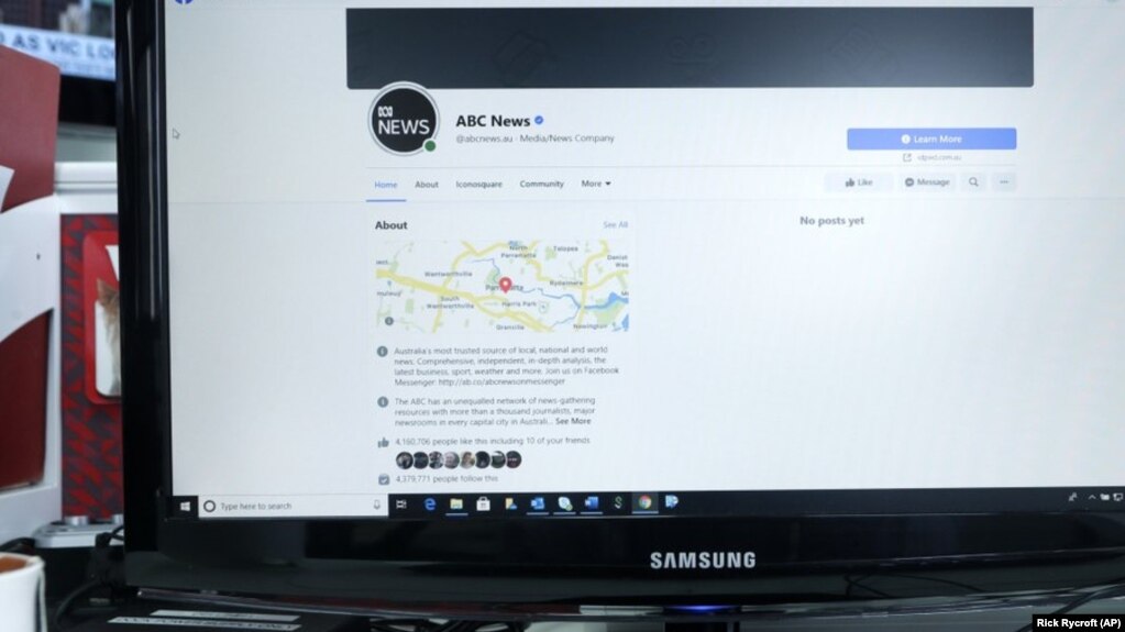 An Australian Broadcasting Corporation page on Facebook is displayed without posts in Sydney, Thursday, Feb. 18, 2021. (AP Photo/Rick Rycroft)