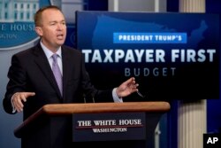 Budget Director Mick Mulvaney speak to the media about President Donald Trump's proposed fiscal 2018 federal budget in the Press Briefing Room of the White House in Washington, May 23, 2017.