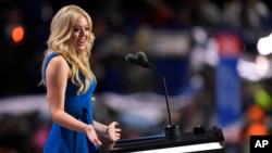 FILE - Tiffany Trump, daughter of Republican presidential nominee Donald Trump, speaks on the second day of the Republican National Convention in Cleveland, July 19, 2016. 