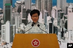 Hong Kong's Chief Executive Carrie Lam attends a press conference, Saturday, June 15, 2019, in Hong Kong.