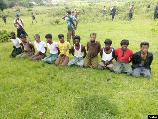FILE - Ten Rohingya Muslim men with their hands bound kneel as members of the Myanmar security forces stand guard in Inn Din village, Sept. 2, 2017.