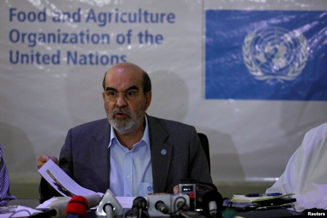 FILE - Food and Agriculture Organization (FAO) Director General Jose Graziano da Silva speaks during a news conference in Maiduguri, Nigeria, April 7, 2017.