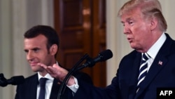 El presidente de Francia, Emmanuel Macron y el presidente de EE. UU. Donald Trump en conferencia de prensa en la Casa Blanca, el martes 24 de abril de 2018.