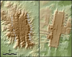 A June 2021 lidar-based imaging taken from above shows the ancient Olmec site of San Lorenzo (left) in Veracruz state and the ancient site of Aguada Fenix in Tabasco state in the western Maya area in this handout image. The numbers mark newly identified structures (Takeshi Inomata/Handout via REUTERS)