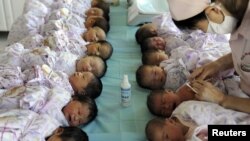 Newly born babies receive vaccines at a hospital in Aksu, Xinjiang Uighur Autonomous Region, August 10, 2012. 