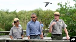 Presiden Amerika Barack Obama saat berjalan di Anhinga Trail dalam kunjungannya ke Taman Nasional Everglades, Florida, dalam peringatan Hari Bumi, 22 April 2015 (AP Photo/Susan Walsh).