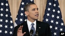 President Barack Obama delivers a policy address on events in the Middle East at the State Department in Washington, Thursday, May 19, 2011