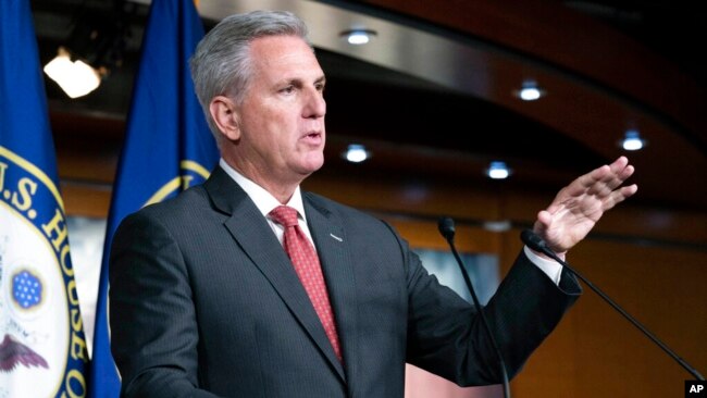 FILE - House Minority Leader Kevin McCarthy, R-Calif., speaks during a news conference at the Capitol in Washington, Nov. 5, 2021.