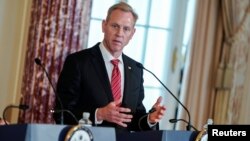 FILE - Acting U.S. Secretary of Defense Patrick Shanahan speak to the media at the State Department in Washington, April 19, 2019. 