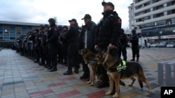 Albanian police line up in front of Elbasan Arena stadium ahead of Albania's World Cup 2018 qualifying soccer match against Israel under tight security measures in Elbasan, 50 kilometers (30 miles) south of Tirana, Nov. 12, 2016. Police took extreme steps after media reports that an alleged terror group, arrested in Albania, Kosovo and Macedonia, planned an attack during the match. The venue was changed for "security reasons."