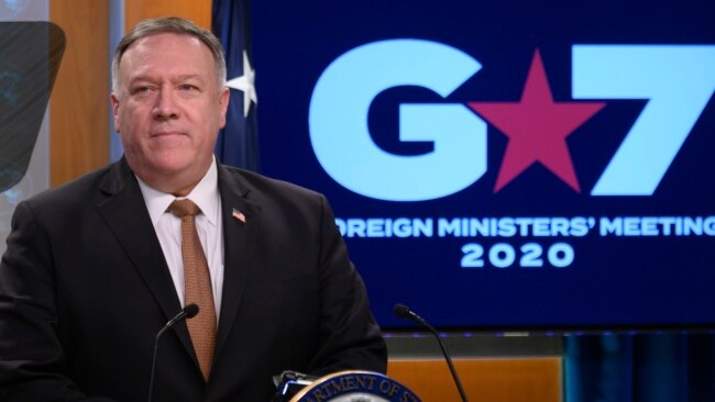美国国务卿蓬佩奥在国务院举行的有关七国集团外长会议的记者会上讲话。(2020年3月25日)