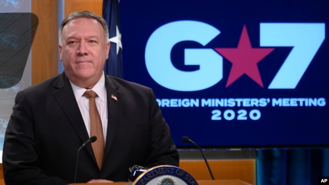 美国国务卿蓬佩奥在国务院举行的有关七国集团外长会议的记者会上讲话。(2020年3月25日)