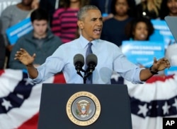 President Barack Obama speaks during a campaign rally for Democratic presidential candidate Hillary Clinton in Greensboro, N.C., Oct. 11, 2016.