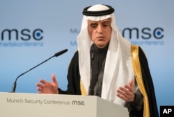 Saudi Arabia's foreign minister, Adel bin Ahmed Al-Jubeir, speaks on the last day of the Munich Security Conference in Munich, Germany, Feb. 19, 2017.