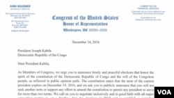Lettre des congressmen américains au président Joseph Kabila, 14 décembre 2016. VOA