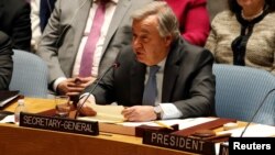 United Nations Secretary-General Antonio Guterres briefs the U.N. Security Council on Syria during a meeting of the Council at U.N. headquarters in New York, March 12, 2018. 