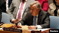 FILE - United Nations Secretary-General Antonio Guterres briefs the U.N. Security Council during a meeting of the Council at U.N. headquarters in New York, March 12, 2018. 