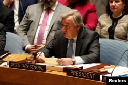 United Nations Secretary-General Antonio Guterres briefs the U.N. Security Council on Syria during a meeting of the Council at U.N. headquarters in New York, March 12, 2018.