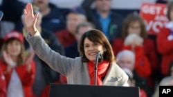 Wisconsin State Senator Leah Vukmir R-Wis., and Republican U.S. Senate candidate, speaks during a rally Oct. 24, 2018, in Mosinee, Wis. The rally will be headlined by President Donald Trump.