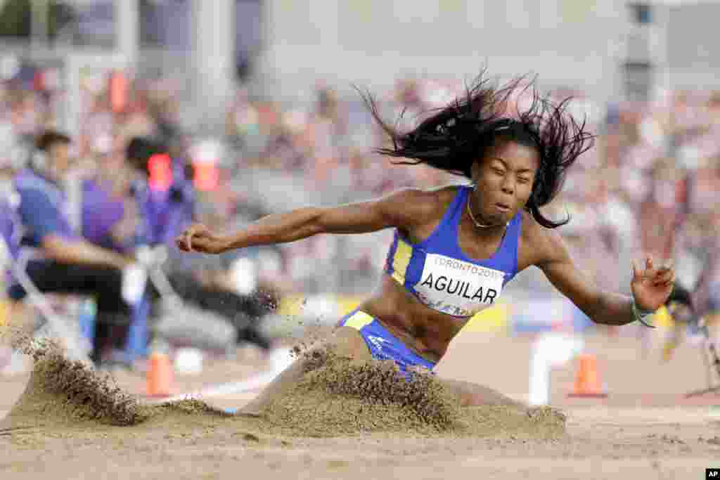 Colombia&#39;s Evelis Aguilar competes during the women&#39;s heptathlon long jump at the Pan Am Games in Toronto, Canada, July 25, 2015.
