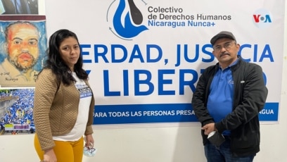 Wendy Flores y Gonzalo Carrión, miembros fundadores del colectivo de derechos humanos "Nicaragua Nunca Más" en San José, Costa Rica. Foto VOA.