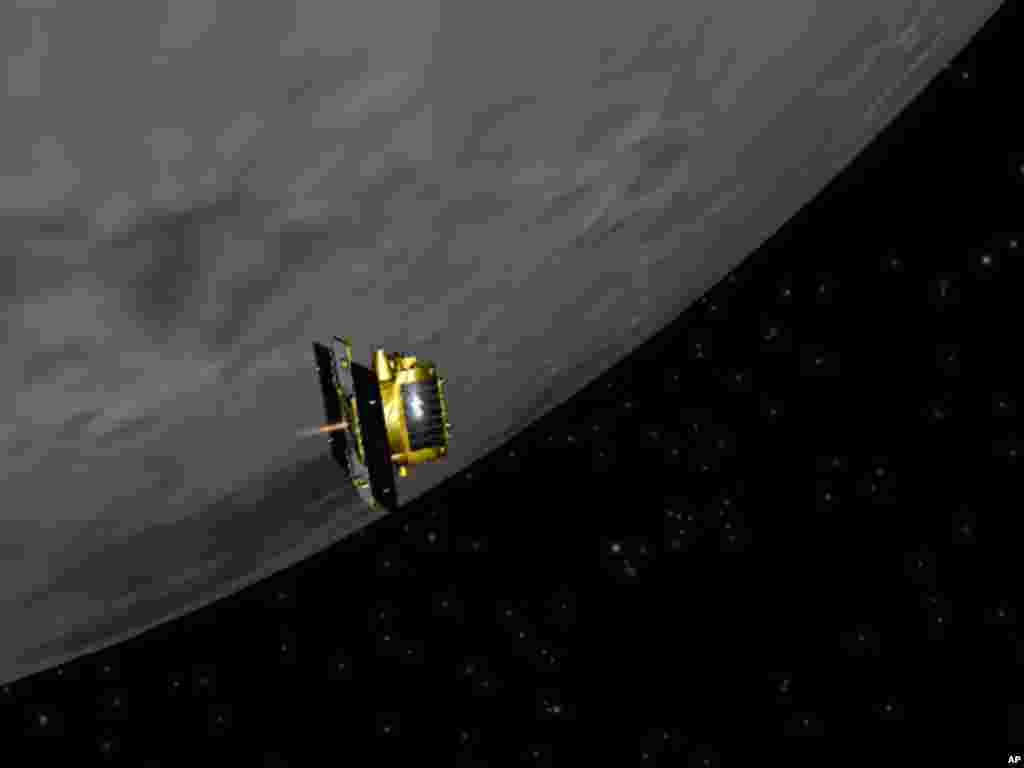 Artist's concept of GRAIL-B performing its lunar orbit insertion burn. (NASA)