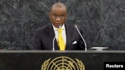 FILE - Thomas Motsoahae Thabane, Prime Minister of Lesotho, addresses the 68th United Nations General Assembly at U.N. headquarters in New York, Sept. 26, 2013. 